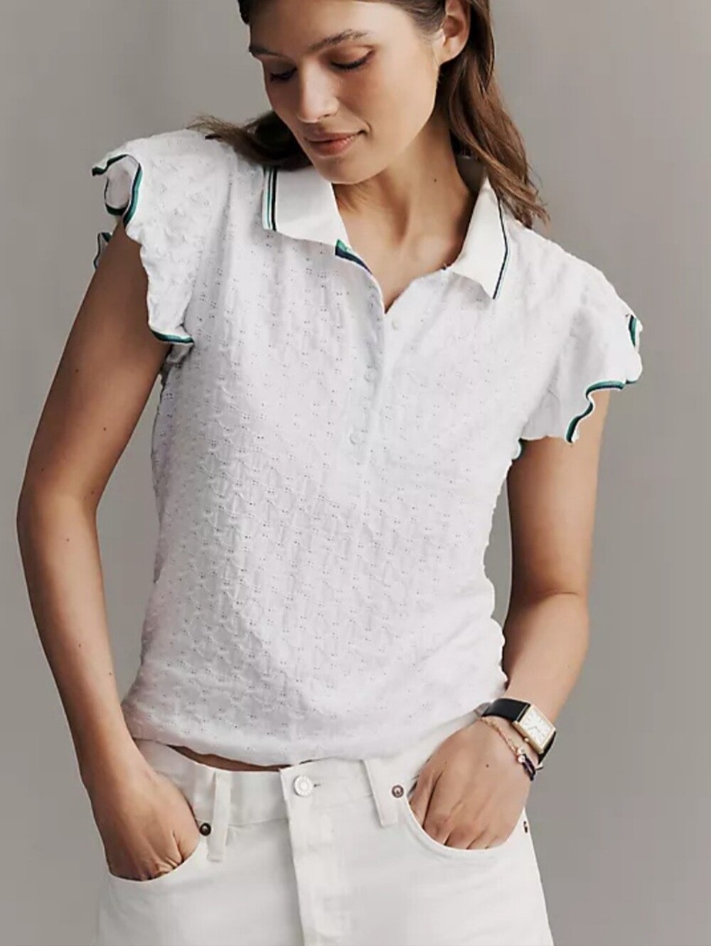 Maeve Anthropologie Flutter Sleeve Polo XXS Ribbon Trim Textured Preppy Academia